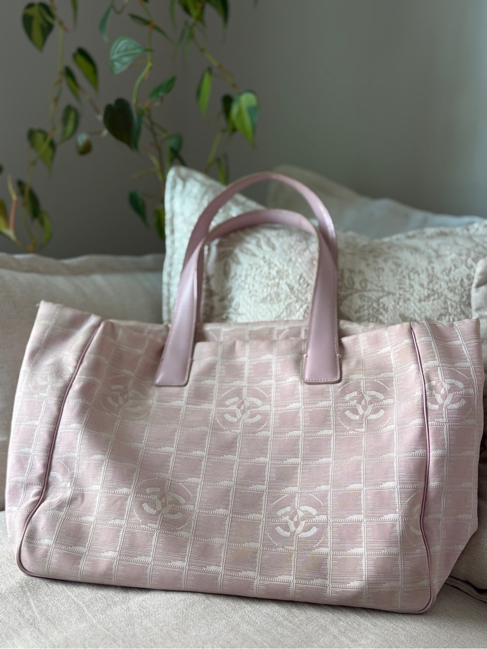 CHANEL Travel Line Pink Beige Jacquard Leather Tote Women's Bag Logo